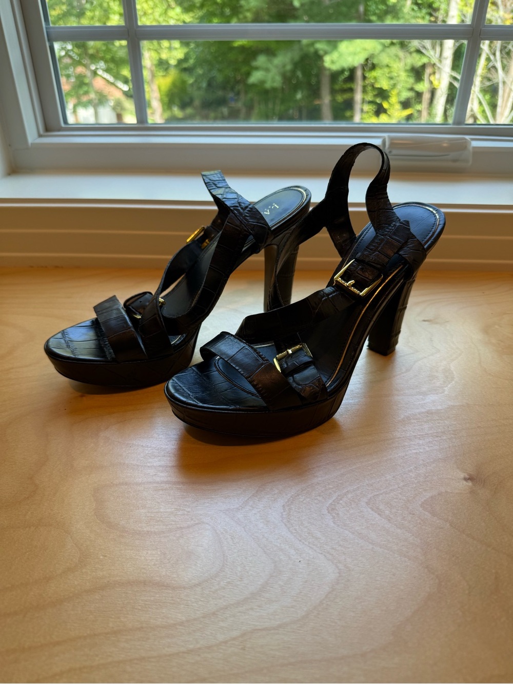 Ralph Lauren - Black High-Heel Platform Sandals with Gold Buckle - 9.5US